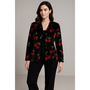 Quacker Factory Jacket Womens M‎ Black Velvet Plush Cherry Embellished Blazer